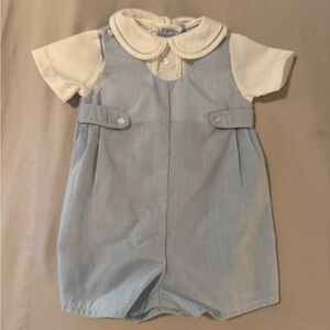 Petit Ami Light Blue Gingham Romper with White Peter Pan Collar